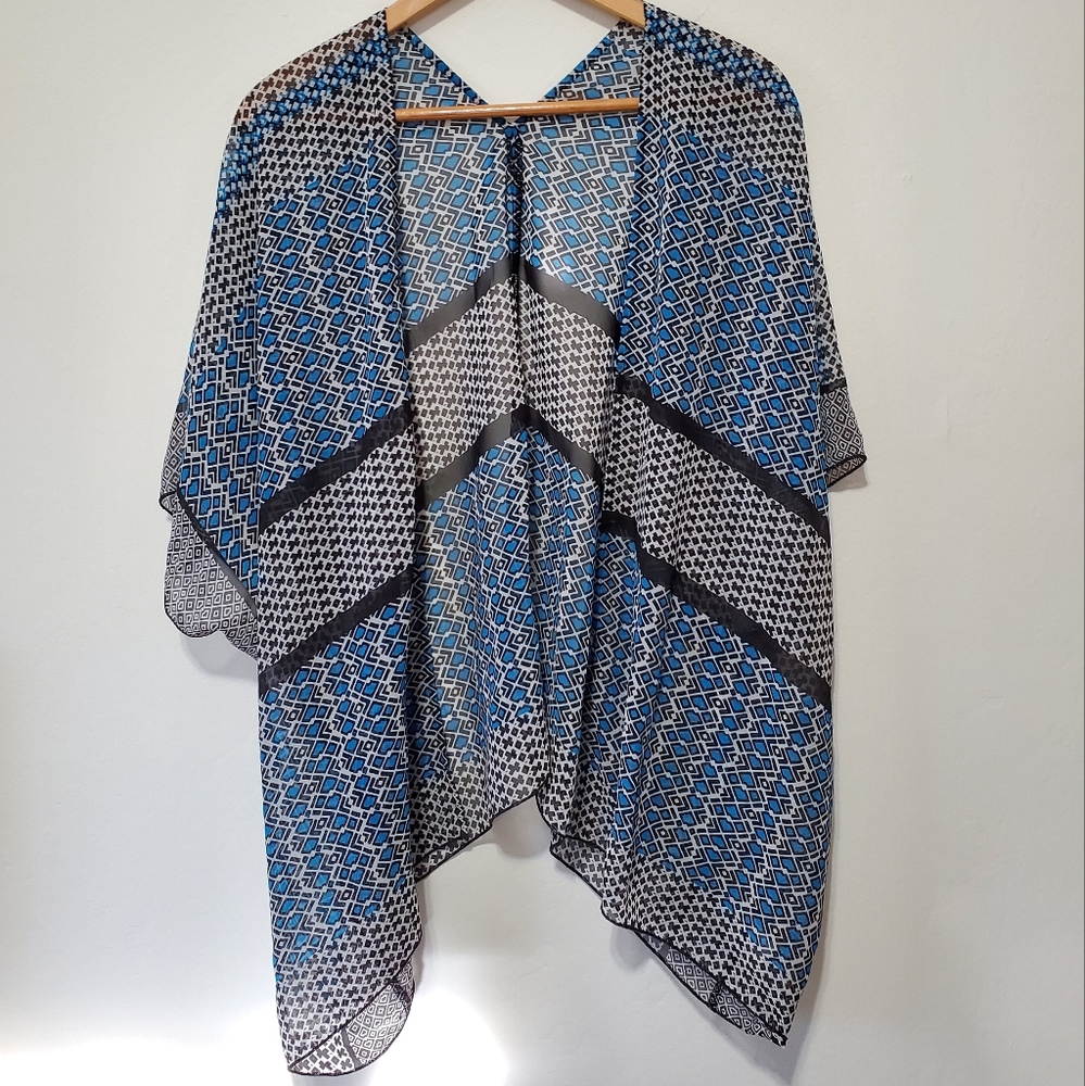 Blue Printed Overpiece Oversized Cardigan Open Front Swimsuit Cover